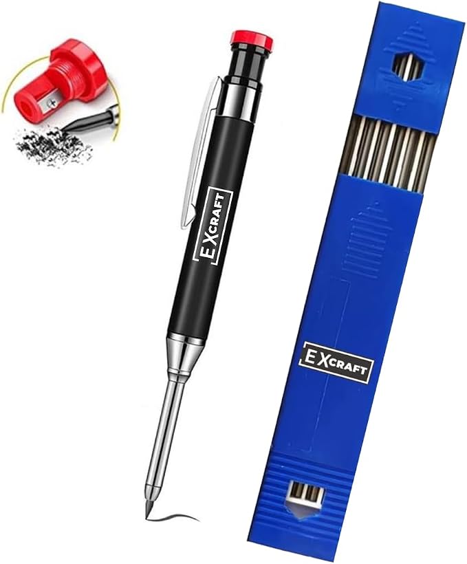 EXcraft Metal Mechanical Carpenter Pencil with 6 Refills Deep Hole with Built-in Sharpener For Architect Construction Carpentry Making Scribe Tools