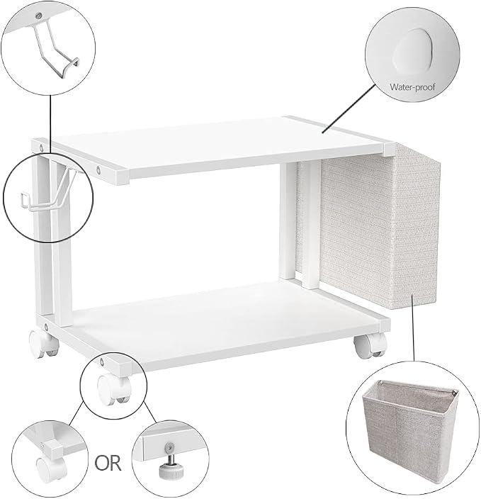 VEDECASA 2 Tier Modern White Wooden Under Desk Printer Stand with Storage Bag for Home Office Desktop Printer Table Organizer Mobile Printer Shelf Cart with Caster Wheel (White)
