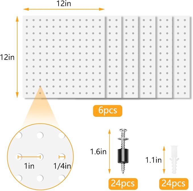 6Pcs Metal Pegboard Wall Organizer Panels, Peg Boards for Walls | White Pegboard Wall Mount for Craft Room, Garage, Kitchen, Living Room, Bathroom, Peg Boards for Walls Easy to Install