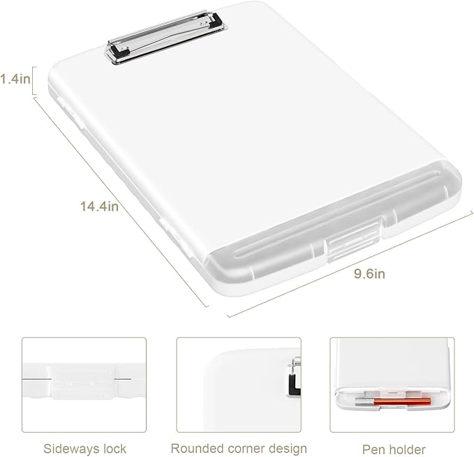Piasoenc Clipboard with Storage, 8.5 x 11 Clip Board with Pen Holder, White | High Capacity, Heavy Duty Plastic Organization Box for A4 Legal Paper Folder, Folio & Side-Opening Nurses, Teachers, Student