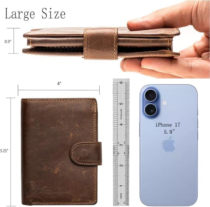 POKOFO Large RFID Genuine Leather Card Holder Trifold Wallet Snap Closure 3 ID Windows for men