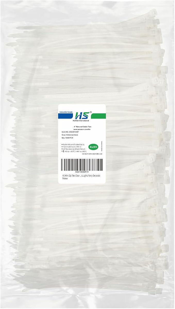 HS 1000 Pack Mini Zip Ties Clear Plastic Ties 4 Inch Bulk 4" White Cable Ties 18 Lb for Bag Tags,Electric,Lights,Party Decorate
