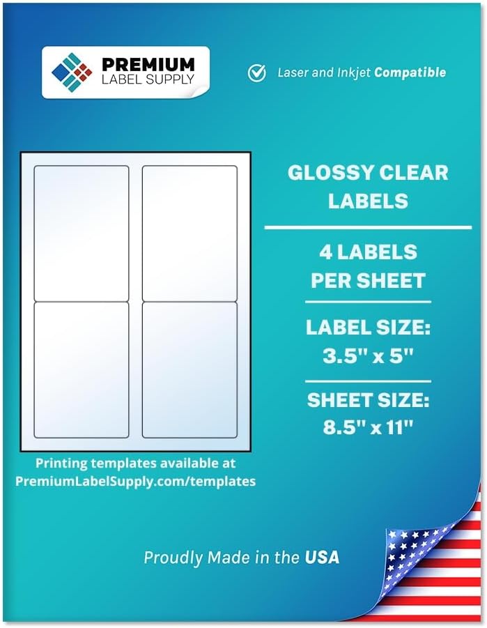 Premium Label Supply Glossy Clear Labels – 3.5" x 5" – Laser/Inkjet Compatible – (4 per Sheet), 100 Sheets – 400 Total Adhesive Labels