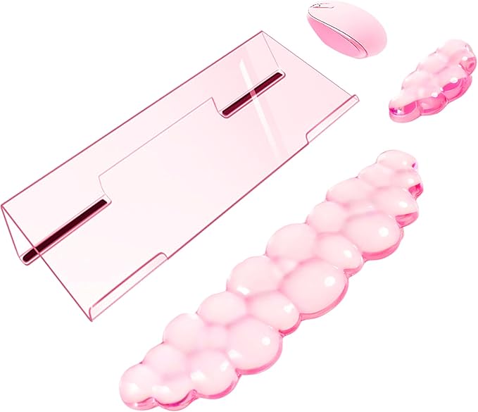 Acrylic Computer Keyboard Stand with Gel Cloud Wrist Rest Keyboard Riser with Comfortable Clear Silicone Mouse Wrist Pad Ergonomic Tilted Transparent Keyboard Holder for Desktop Office Hot Pink