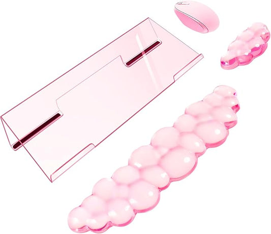 Acrylic Computer Keyboard Stand with Gel Cloud Wrist Rest Keyboard Riser with Comfortable Clear Silicone Mouse Wrist Pad Ergonomic Tilted Transparent Keyboard Holder for Desktop Office Hot Pink