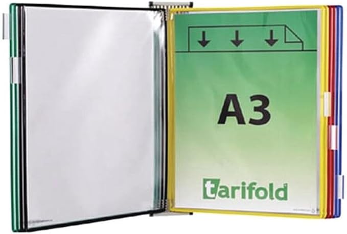 Tarifold Wall Mount Reference System, 10 Pockets, A3 Size, Assorted Colors | 10 double-sided PVC pockets hold 20 A3 sheets, sturdy wall-mount bracket, snap-on index tabs, easy to install