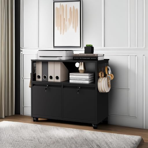 Mobile 2 Drawer File Cabinet with Lock, Metal Lateral Printer Stand Filing Storage Cabinets with Shelves for Home Office-A4/F4/Letter (Black)