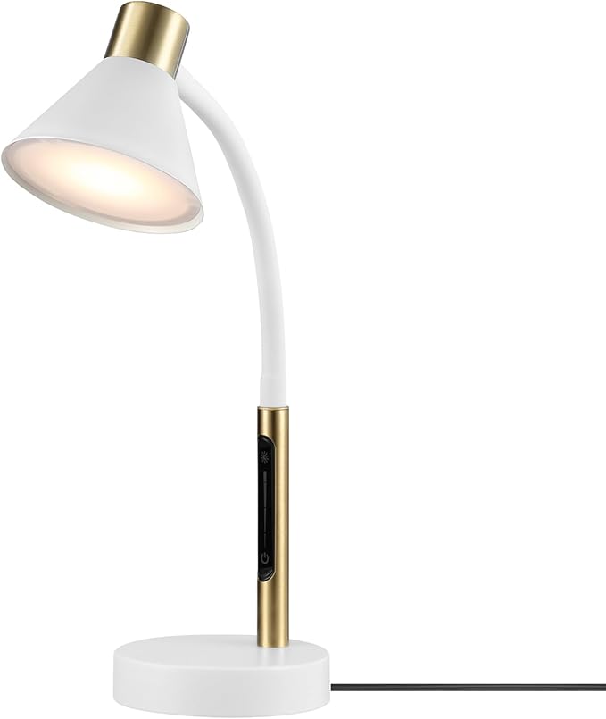 Globe Electric 15" LED Integrated Matte White Desk Lamp with Matte Brass Accent and Adjustable Silicone Gooseneck