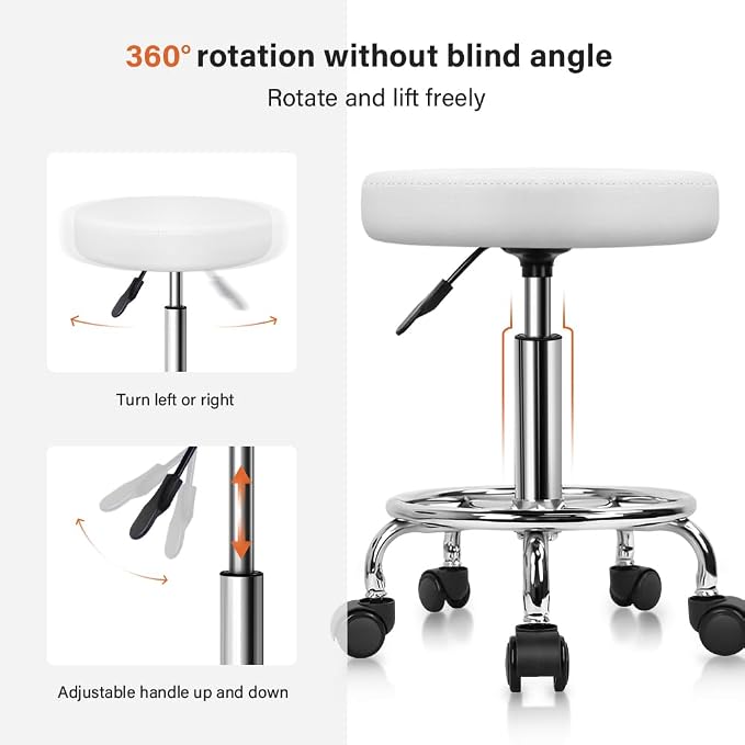 KKTONER PU Leather Round Rolling Stool with Foot Rest Swivel Height Adjustable Stool Spa Drafting Salon Tattoo Work Office Massage Task Chair White Small (White)