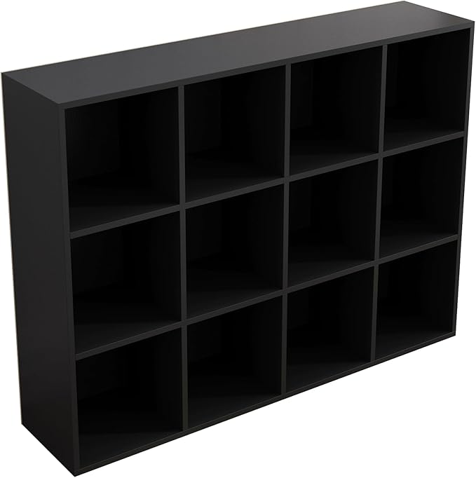OSCHF 12-Cube Storage Shelf Bookcase - Wooden 3-Tier Floor Standing Open Bookshelf for Home and Office, Display Cabinet, Black