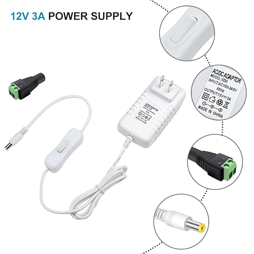 12V Power Supply, 12 Volt 3A 36W DC Power Supply with On Off Switch, White Switching LED Power Adapter, AC 110V to 12V Wall Wart Transformer Plug for LED Strip Lights with 5.5/2.1 DC Female Connector
