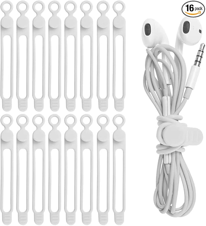 16Pcs Silicone Cable Ties Cord Organizer for Bundling Earphone, Phone Charger, Computer Cords, Reusable Wire Cable Management in Home,Office,Kitchen,School,Travel (White)
