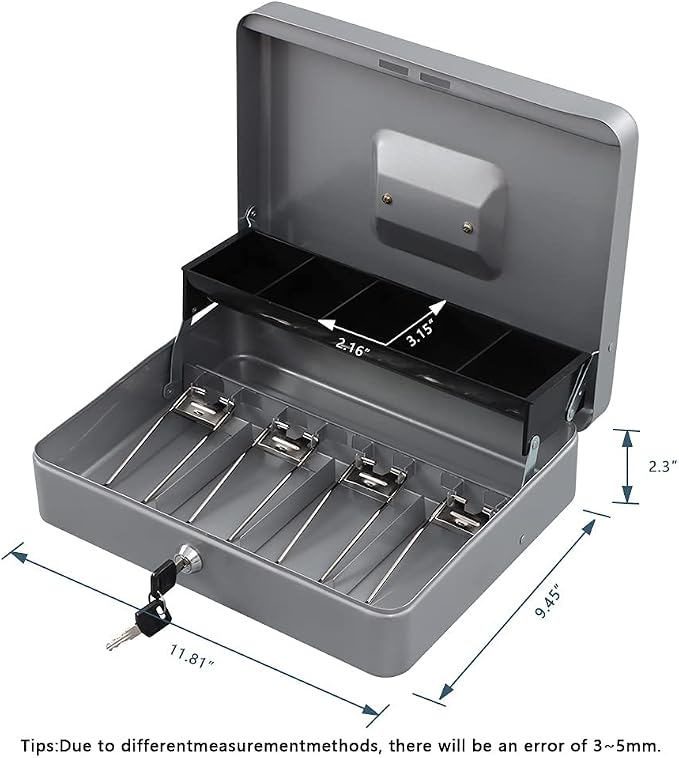 KYODOLED Locking Cash Box with Lock,Money Box with Cash Tray,Lock Safe Box with Key Money Saver,Money Saving Organizer,11.81Lx 9.45Wx 3.54H Inches,Lightgrey XL Large