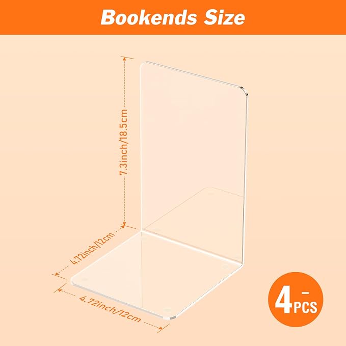 Acrylic Bookends 4 Pcs, Clear Book Ends for Shelves, Bookend Organizer | Transparent Book Holder Stand Decorative, Book Stoppers for Heavy Duty Books, CD, File, Video Games