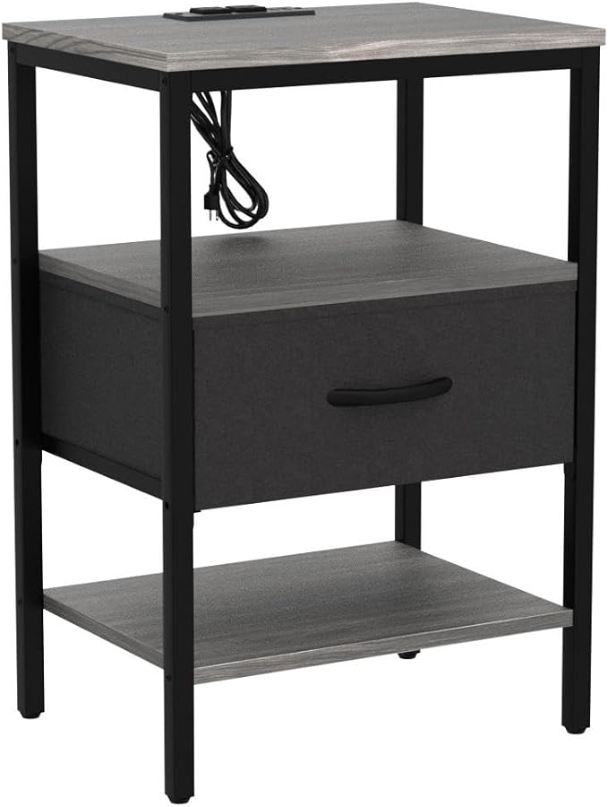 SUPERJARE Nightstand Set of 2 with Charging Station, USB-C Port, End Tables | Night Stand for Bedroom, with Adjustable Fabric Drawer, 3-Tier Storage Bedside Tables for Living Room, Charcoal Gray