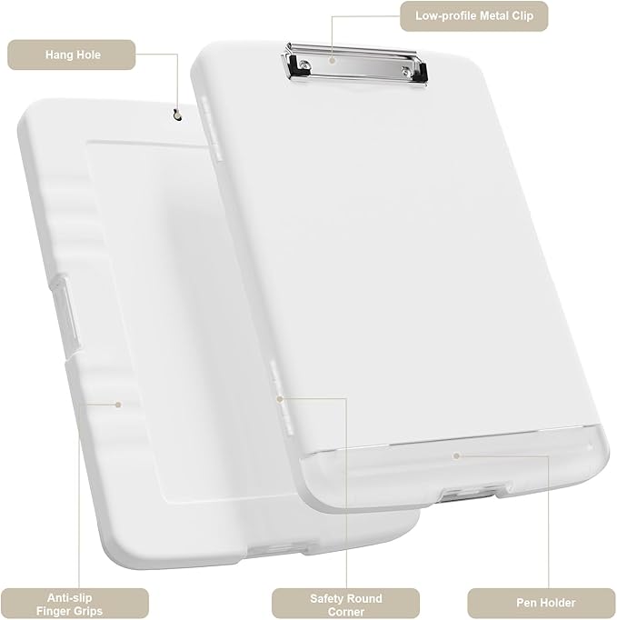 Piasoenc Clipboard with Storage, 8.5 x 11 Clip Board with Pen Holder, White | High Capacity, Heavy Duty Plastic Organization Box for A4 Legal Paper Folder, Folio & Side-Opening Nurses, Teachers, Student