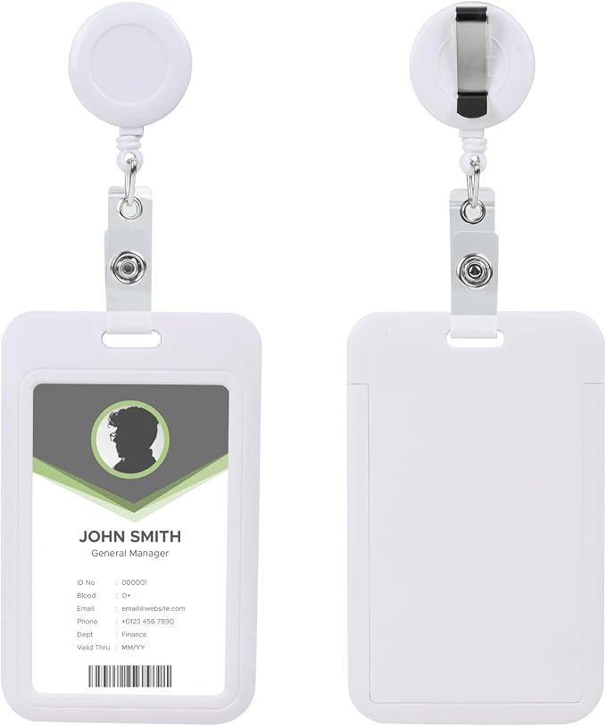 White Vertical ID Badge Holders with Retractable Round Reel Clips,Hard Plastic Card Protector for School Office Factory Hospitl