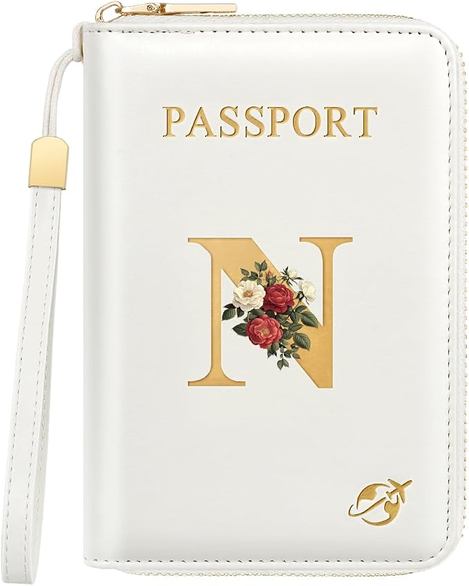 Passport Holder for Travel Personalized Wallet with Wristlet Women | All-in-One Passport Cover, RFID Blocking, Back Coin Pocket, Paper Money Slot, Zipper Closure, Roses Initial Letter, White N