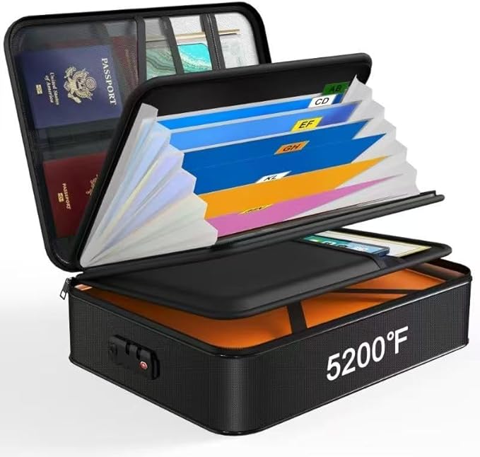 Fireproof Document Box with Lock 5200℉-8 Layer | 15.0"x11.0"x4.3" Water Resistant Document Organizer ,Portable Home Travel Safe Storage Box for Important Documents,File