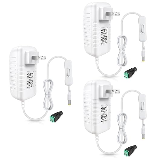 12V Power Supply, 12 Volt 3A 36W DC Power Supply with On Off Switch, White Switching LED Power Adapter, AC 110V to 12V Transformer Plug for LED Strip Lights with 5.5/2.1 DC Female Connector, 3 Pack