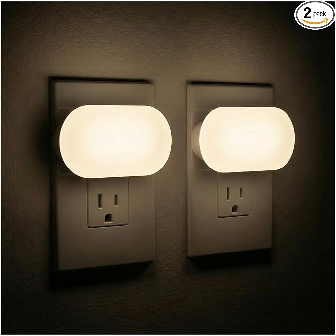 Lights By Night Bright LED Night Light Plugs Into Wall with Dusk to Dawn Sensor, Adjustable & Dimmable Up to 100 Lumens, Compact Nightlight for Bedroom Bathroom Hallway Kitchen Nursery, 2-Pack