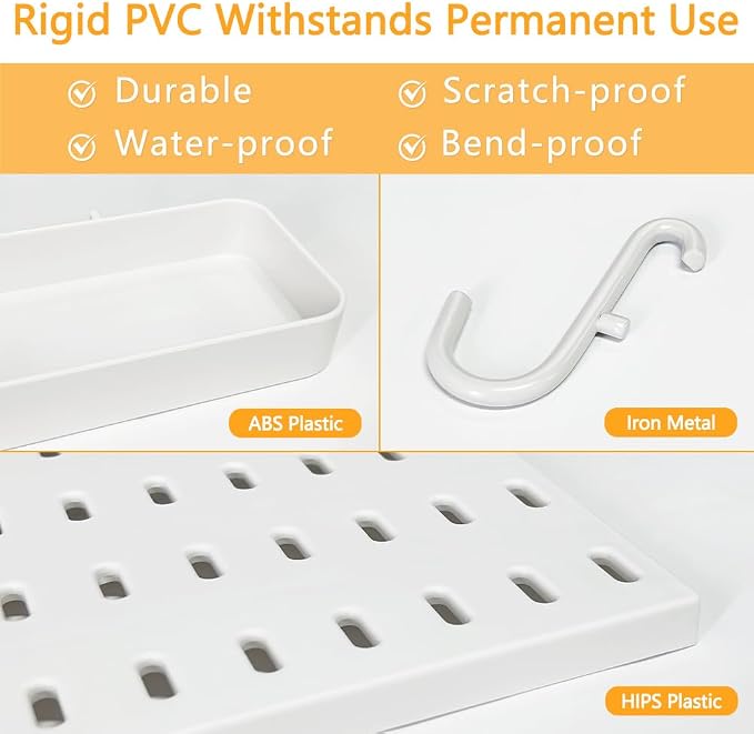 16pcs Pegboard Sets, Plastic White Peg Board Wall Organizer Kits | 4pcs Peg Board and 12 Accessories Modular Hanging Wall Mount Display Pegboard Sets for Home Office Garage Kitchen Workshop