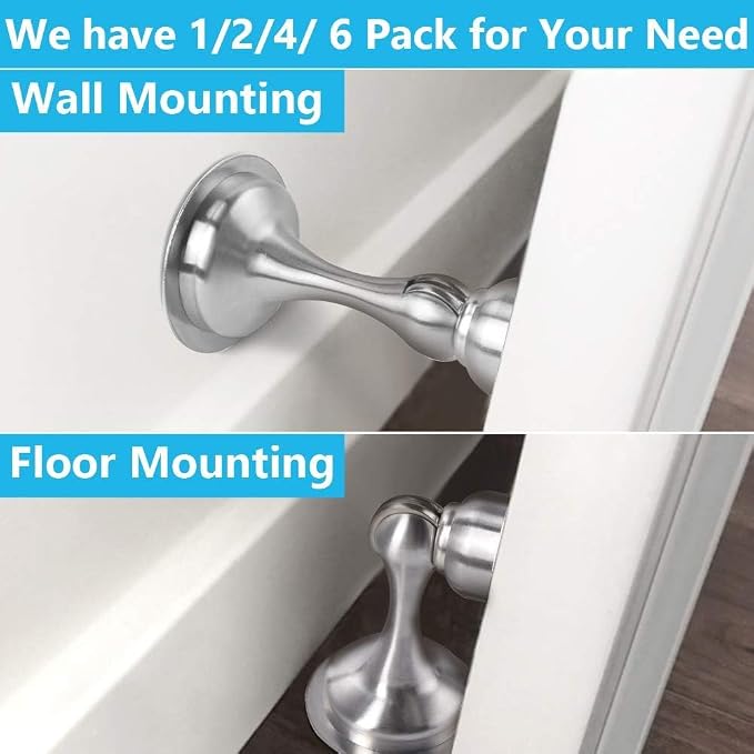 WINONLY Door Stopper, 4 Pack Magnetic Door Stop, Stainless Steel, Magnetic Door Catch, 3M Double-Sided Adhesive Tape, No Drilling, Screws for Stronger Mount, Hold Your Door Open, 4 Pack for Wide Doors