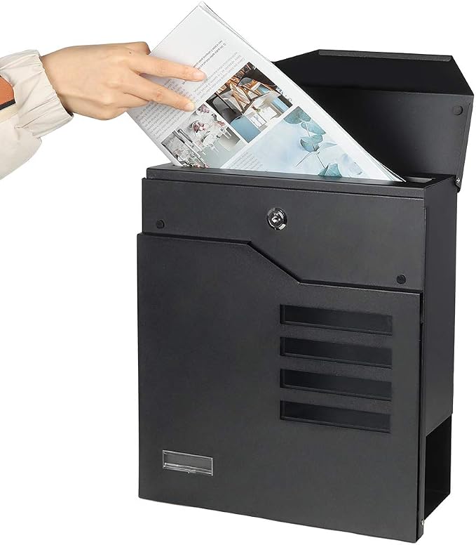 Jssmst Locking Mailbox Wall Mount- Waterproof mailboxes with Secure Key Lock and Newspaper Compartment, Key Lock Drop Box Extra Large Capacity, 12.9 x 4.1 x 14.2 Inch, SM-HPB938 Black New