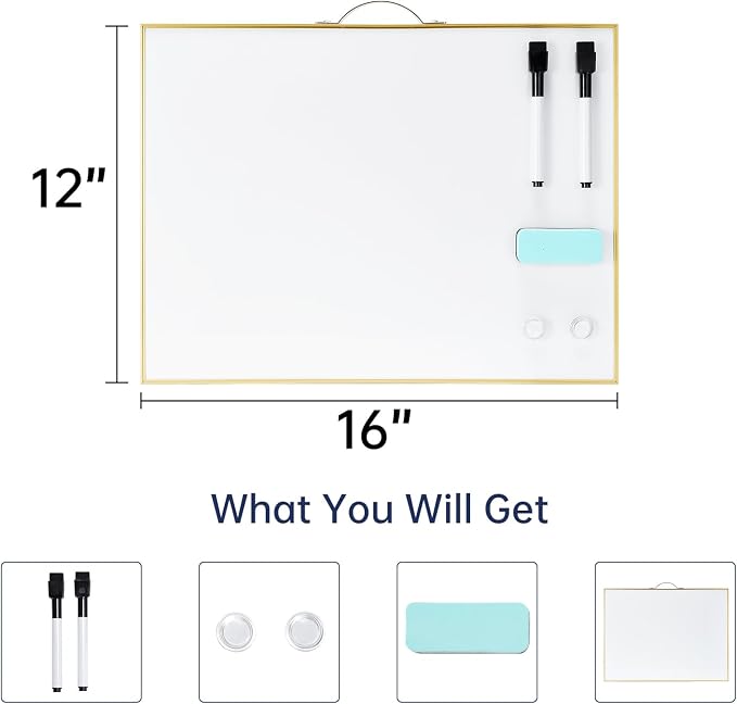 Small Dry-Erase White-Board - 12 X 16 Inches Portable Aluminum Frame Mini Hanging Whiteboard with Handle, to Do List Notepad for Office, Home, School