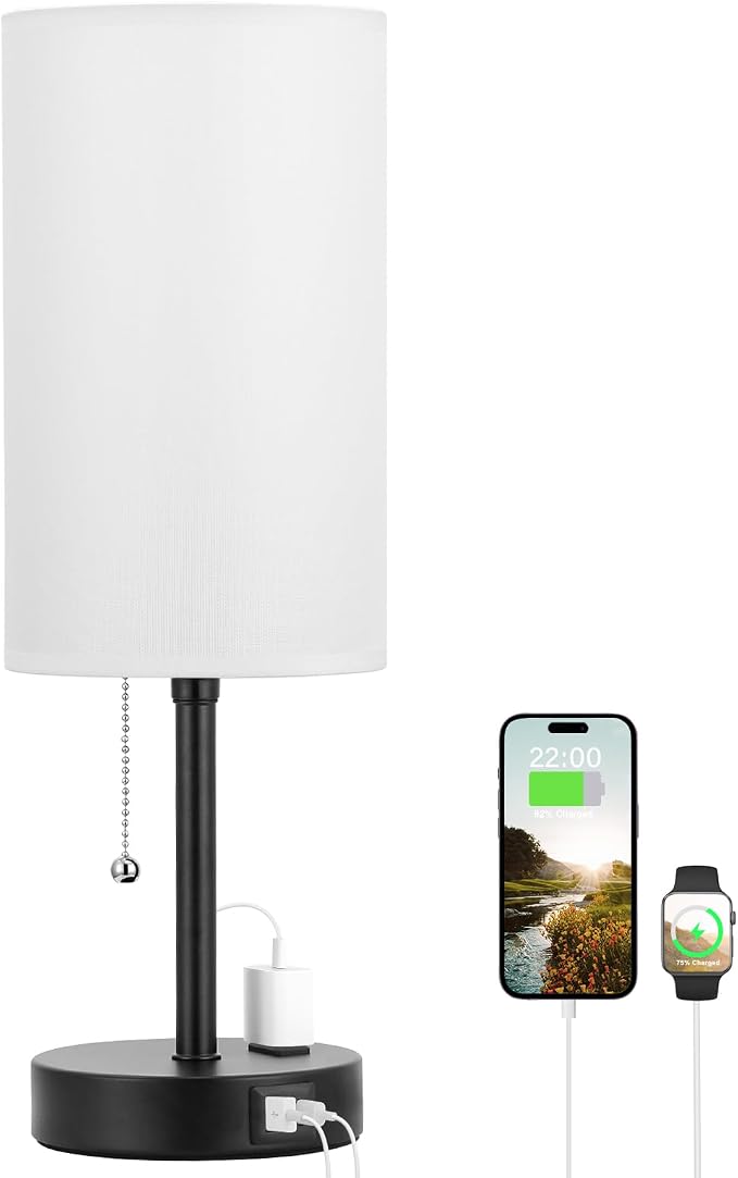 17" Bedside Lamp for Bedroom - USB A+C Port, AC Outlet,3 Color Temperature | 17" Night Stand Lamp, USB A+C Ports, AC Outlet, 3 Color Temperatures, LED Bulb Included, White Fabric Shade, Matte Black Base