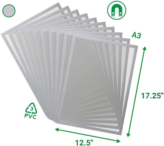 Tarifold Magnetic PRO Display Frames, Gray, 10 Pack | 10 magnetic anti-glare PVC frames, gray border, portrait or landscape, quick document changes