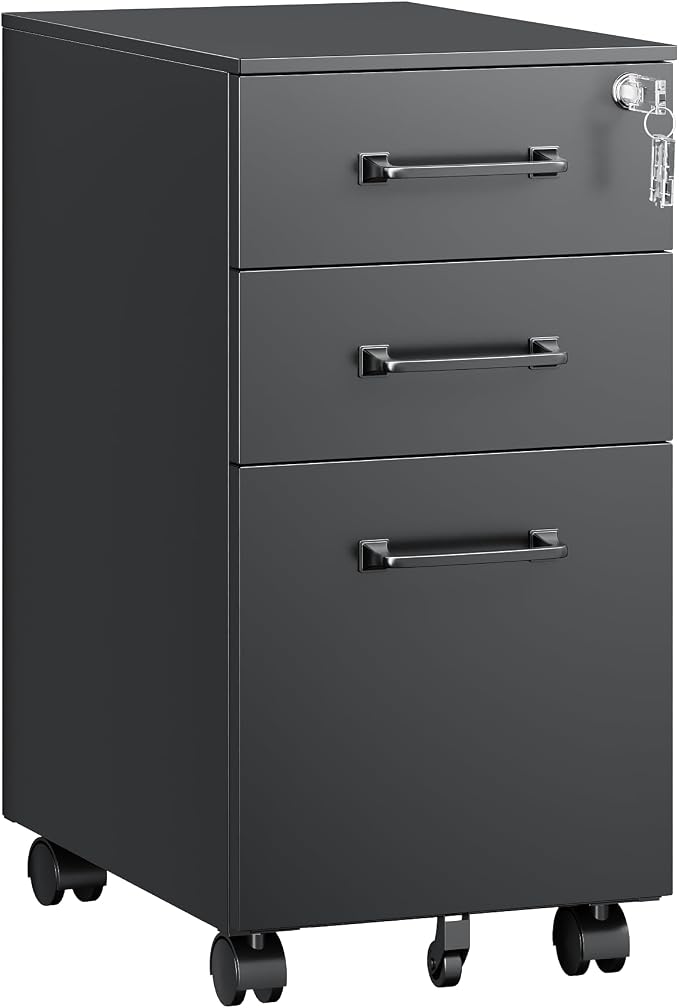 3 Drawer Mobile File Cabinet with Lock,Under Desk Metal Filing Cabinets for Home Office Organizer,Small Rolling Printer Stand with Wheels,for Letters/Legal/A4(Assembly Required) (Black)