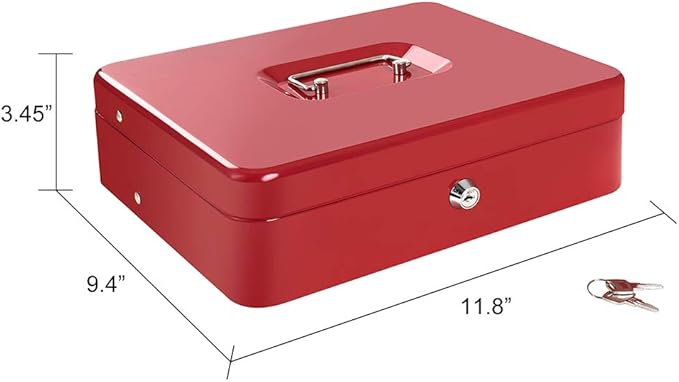 Cash Box with Money Tray and Key Lock Large Metal Money Safe Box with Cantilever Coin Tray, Lock Box for Money 11.8" x 9.4" x 3.54" Red