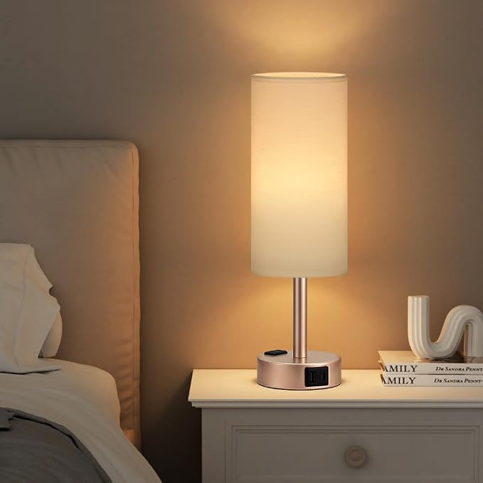Antique White Bedside Table Lamp for Bedroom - 3 Way Dimmable Touch Lamp USB C Charging Ports and AC Outlet, Small Lamp Gold Base Round Flaxen Fabric Shade for Living Room, Desk, LED Bulb Included