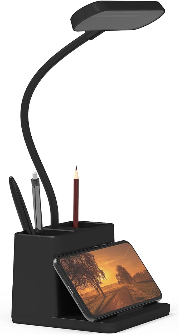 Black LED Desk Lamp, Battery Operated Small Table Light for Dorm Room | Rechargeable, Battery-Powered, Cute, Dimmable, Gooseneck, Pen Holder, Touch Control, for Home Office Bedroom Desktop