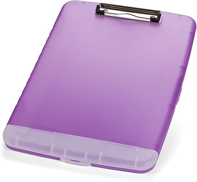 Officemate Slim Clipboard with Storage, 10 x 14.5-Inches Plastic Document Organizer with Compartment and Pen Holder, Translucent Purple