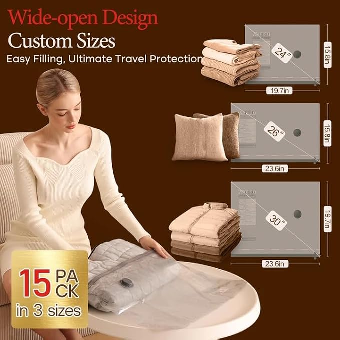 Vacbird Travel Vacuum Bags with Rechargeable Pump, Carry-On Space Saver | See Contents Easily with Transparent Bags, 1500mAh Pump Compresses 90+ Bags, Carry-On Size for Easy Travel Packing