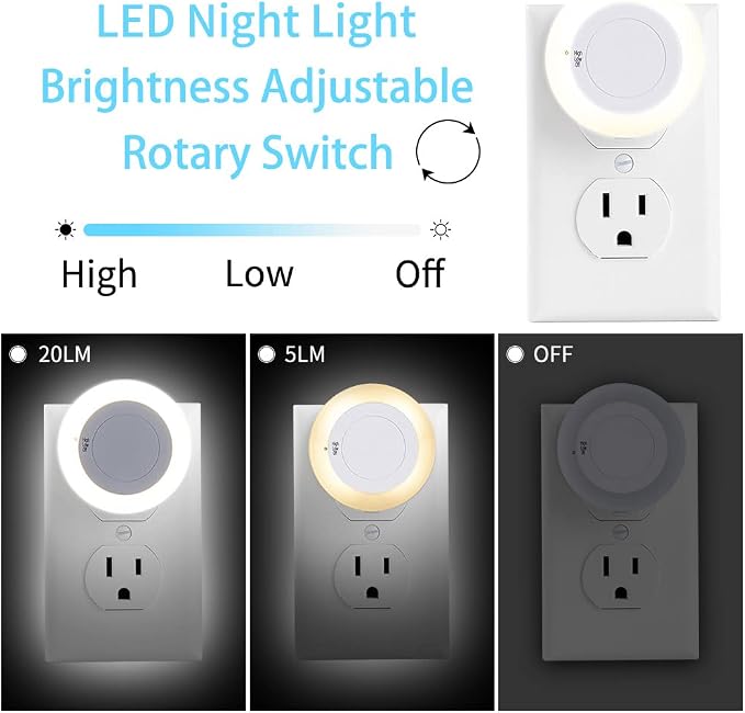 Night Light with High/Low/Off Switch, LED Manual Nightlight Max 20 Lumens, Indoor for Bathroom, Hallway, Bedroom, Kitchen, Warm White, Energy Efficient, ETL Listed, 4 Pack