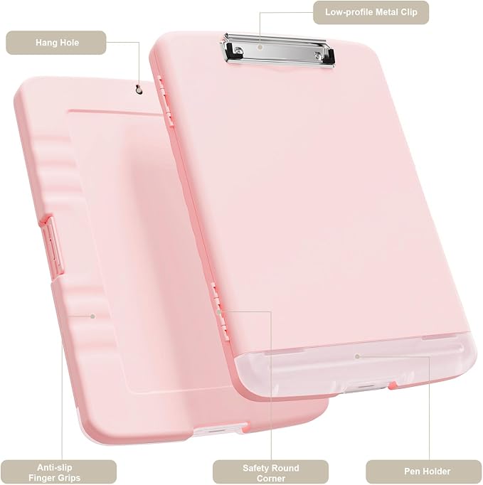 Piasoenc Clipboard with Storage, 8.5 x 11 Clip Board with Pen Holder, Pink | High Capacity, Heavy Duty Plastic Organization Box for A4 Legal Paper Folder, Folio & Side-Opening Nurses, Teachers, Student