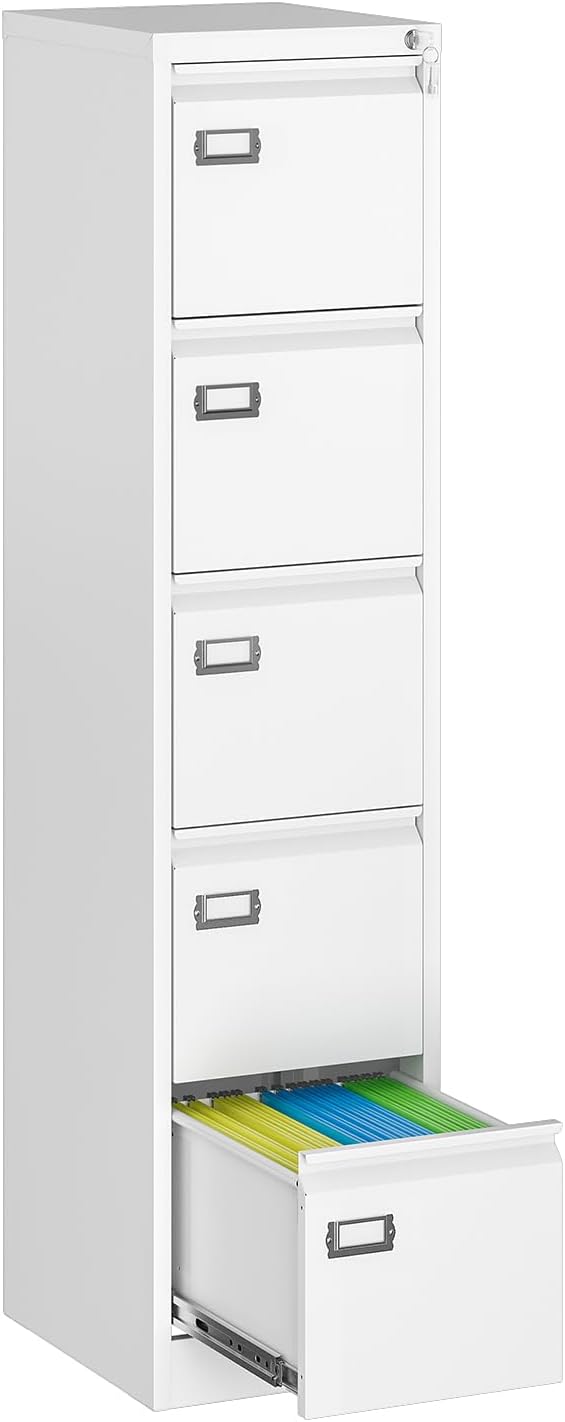MIIIKO 5 Drawer File Cabinet with Lock, Metal Vertical Filing Cabinets for Home Office,File Folders Storage Cabinet for Letter Legal A4 File Size