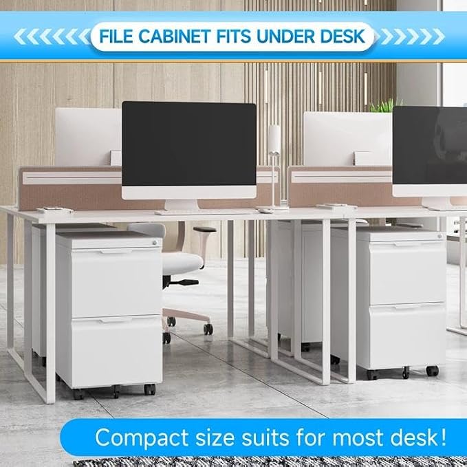 2 Drawer Mobile File Cabinet with Lock, Rolling File Cabinet with Wheels | Metal Small Filing Cabinet with Wheels for Home Office Storage, Fits Legal/A4/Letter/Document Size, Required Assembly, White