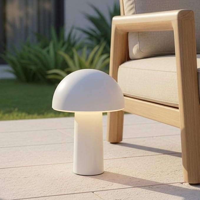 Brightech Celia Table Lamp – 10" Touch-Controlled Mushroom Small Lamp, Cordless & Dimmable LED, Portable Bedside Night Light, Sustainable Mood Light, Recycled Modern Patio Lamp for Home Décor – Cream