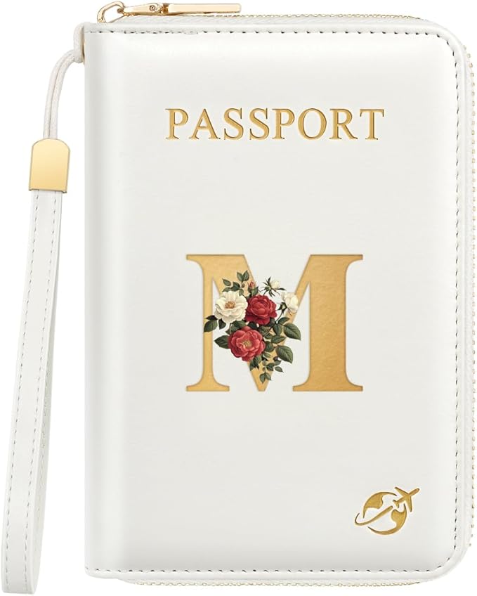 Passport Holder for Travel Personalized Wallet with Wristlet Women | All-in-One Passport Cover, RFID Blocking, Back Coin Pocket, Paper Money Slot, Zipper Closure, Roses Initial Letter, White M
