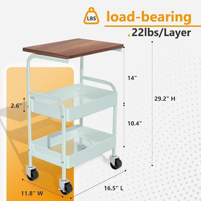 Rolling Cart with Wooden Tabletop, 3 Tier Metal Utility Cart, Rolling Storage Organizer Cart with Lockable Wheels for Kitchen, Office, Bedroom (Green)