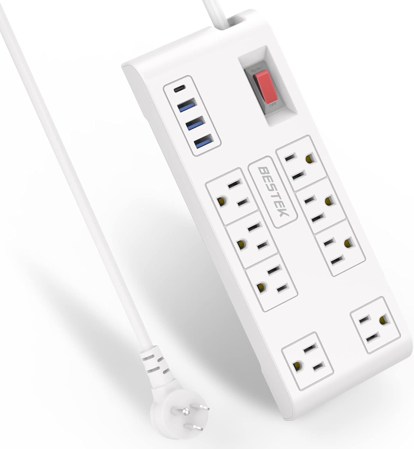 BESTEK 8 AC Outlet, 12 Feet Extension Cord Power Strip with 3 USB-A 2.4A 1USB-C 3A, MAX Output 1625W 13A, 600Joule, Ultra-Compact Wide Spaced Outlet for Large Plug