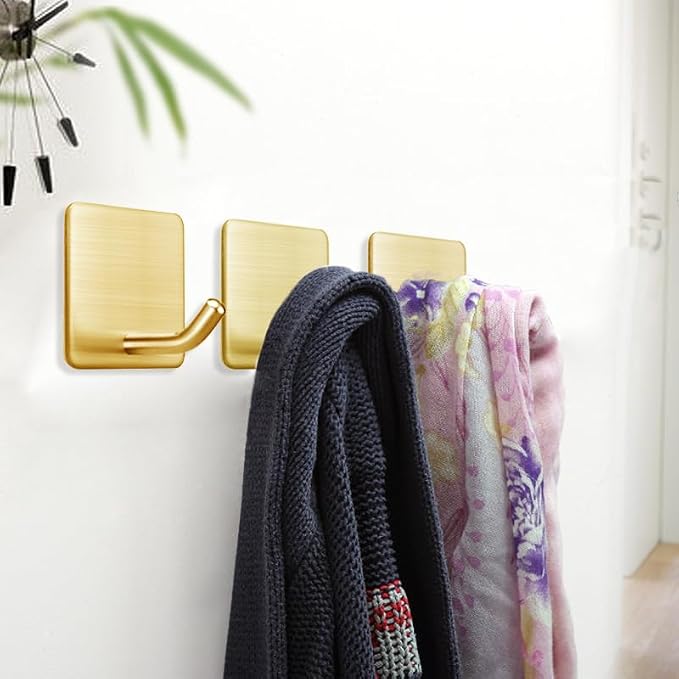 FOTYRIG Golden Stainless Steel Square Self Adhesive Hooks - Extra-Long Anti-Slip with Upgraded Adhesive, Holds 15lb Heavy Duty Wall Hooks for Kitchen, Bathroom, Garage -4 Packs