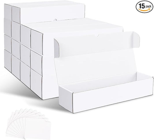 PHAREGE 15 Pack Trading Card Storage Boxes All White for 6000 PC 35pt Cards | 60 Dividers, Sport Card Storage, Card Shipping, Flat Bottom, Shape Well, Easy Fold, Easy Open, DIY Cardboard, Self-locking