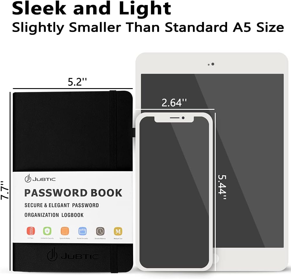 JUBTIC Password Book with Alphabetical Tabs Medium Size Password Keeper Logbook for Internet Log in Website Address Detail. Hardcover Password Notebook Journal & Organizer for Home Office, Black