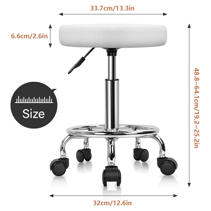 KKTONER PU Leather Round Rolling Stool with Foot Rest Swivel Height Adjustable Stool Spa Drafting Salon Tattoo Work Office Massage Task Chair White Small (White)