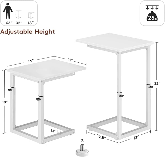 C Shaped End Table, 33"C Table End Table Adjustable Height, Small Side Table for Couch, Tv Tray Table for Small Spaces, Couch Table That Slide Under, Sofa Table for Living Room,Bedroom, White